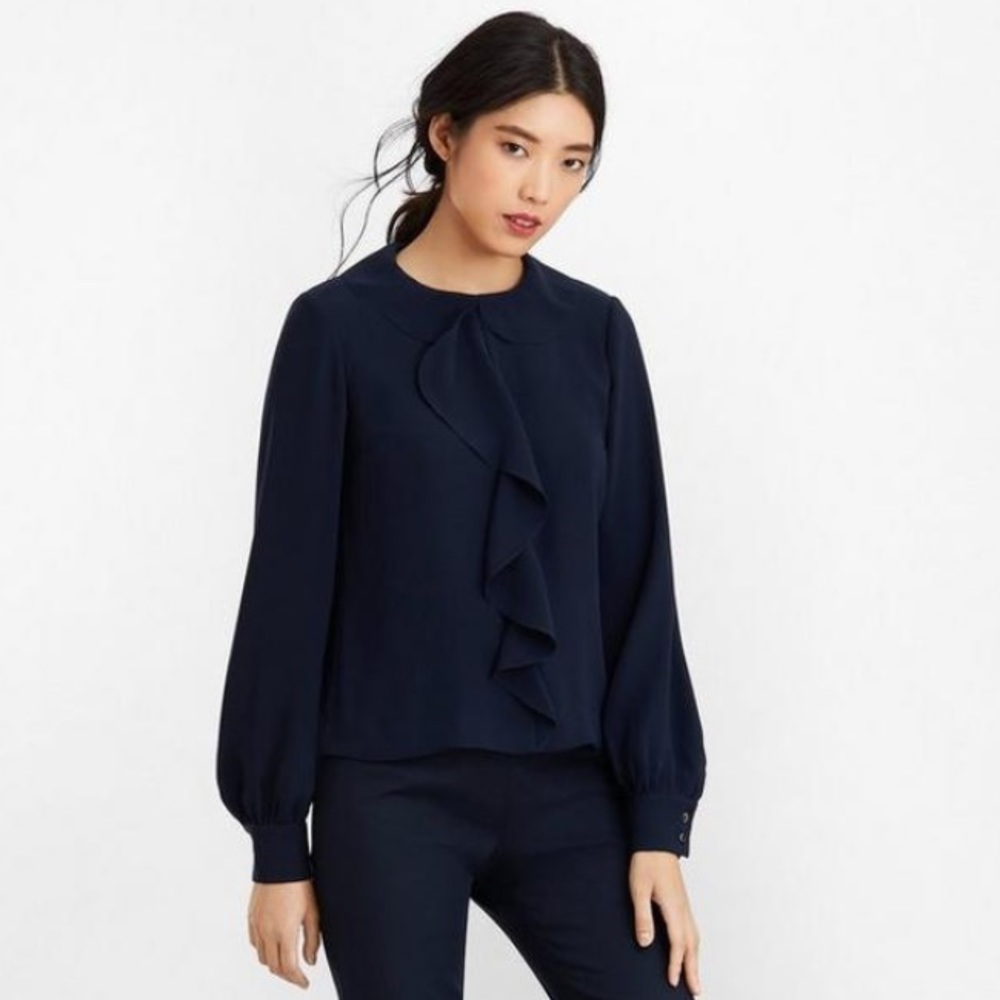 NWOT Brooks Brothers Crepe Ruffled Blouse Navy - Never Worn